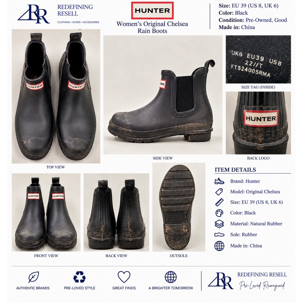 Hunter Original Chelsea Black Rubber Rain Boots Womens 8 EU 39 FT524005RMA